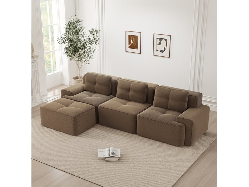  Canapé modulable en l 293x177x69 cm 3 places, sans montage, assise profonde, avec pouf, en velours côtelé, marron  - Conforama D