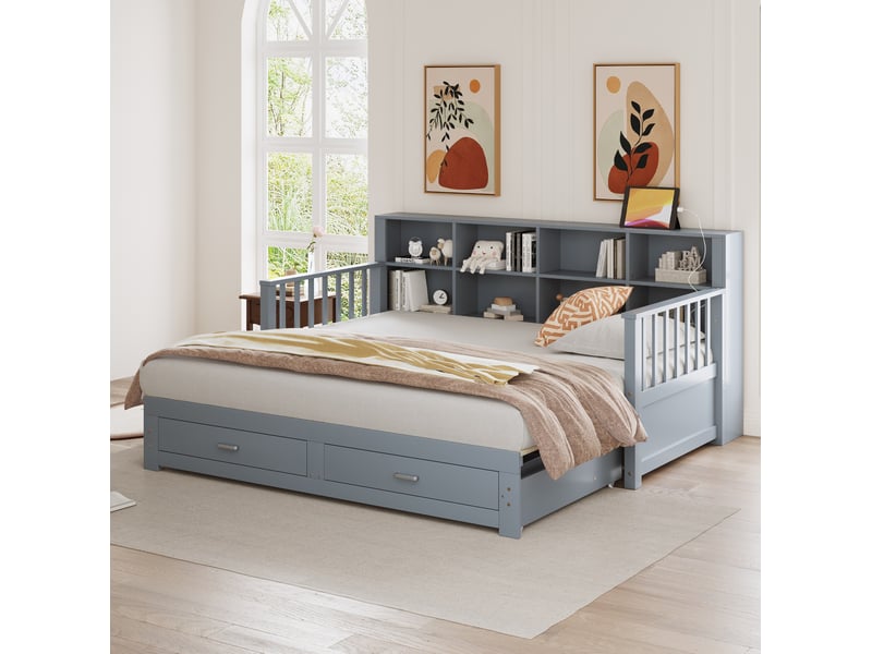  Banquette-lit extensible 90180 x 190 cm gris avec rangement, prise et 2 tiroirs  - Conforama B