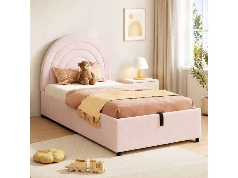  Lit coffre 1 place 90x200 cm en velours rose avec levage hydraulique et tête rembourrée, sans matelas  - Conforama C