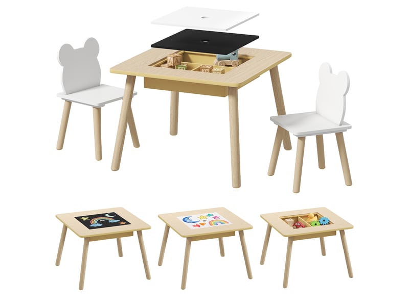 Ensemble table et 2 chaises pour enfants en bois avec compartiments et tableau noir amovible 60 x 60 x 44 cm naturel et blanc - Conforama A