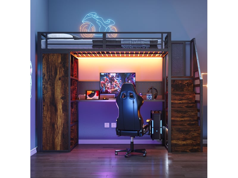  Lit en hauteur lit enfant simple, 90x200 cm, avec escalier rangement, bureau, matelas non inclus, métal, coloris noir  - Conforama D