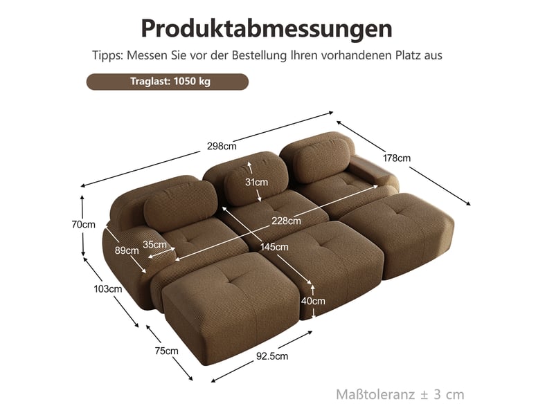 Canapé d'angle modulable 3 places avec 3 poufs en velours côtelé marron, sans cadre, 298 × 178 cm pour salon - Conforama C