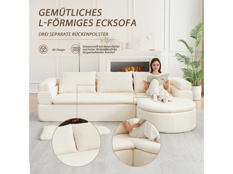 Canapé d’angle 3 places avec méridienne arrondie - accoudoir à gradins chenille beige - Conforama E