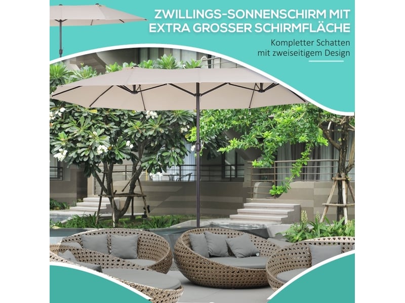  Parasol double xxl beige avec manivelle, ovale, aération intégrée, structure en métal, 455 x 265 x 238 cm  - Conforama D