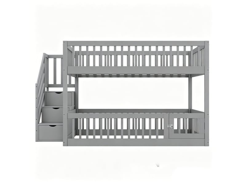  Lit superposé avec escalier sécurisé et rangements, bois gris, 140x200 cm, tiroirs intégrés  - Conforama A
