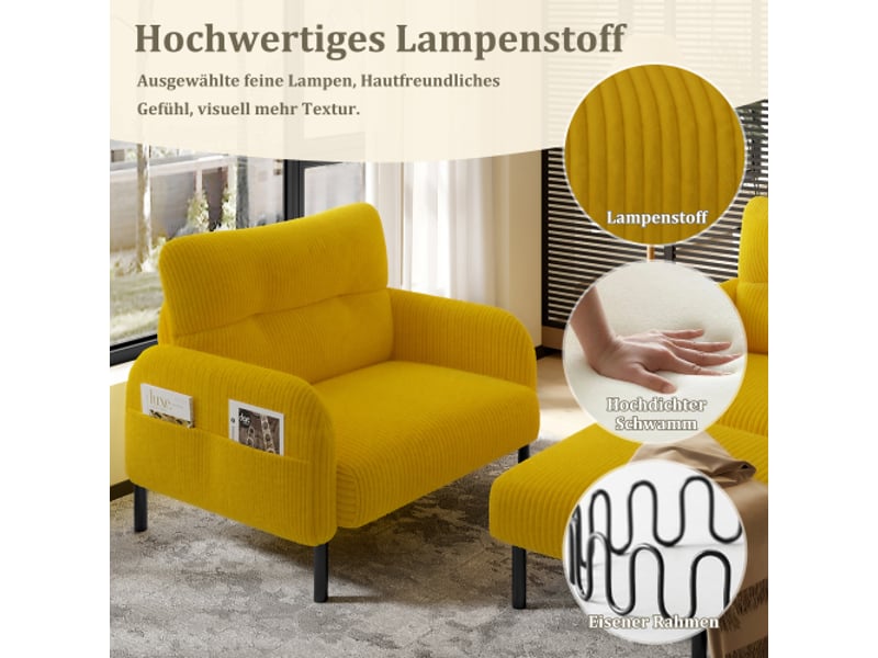  Ensemble canapé 3 pièces jaune moutarde: canapé 2 places, fauteuil et ottoman modulable, siège profond, poche lat.  - Conforama E
