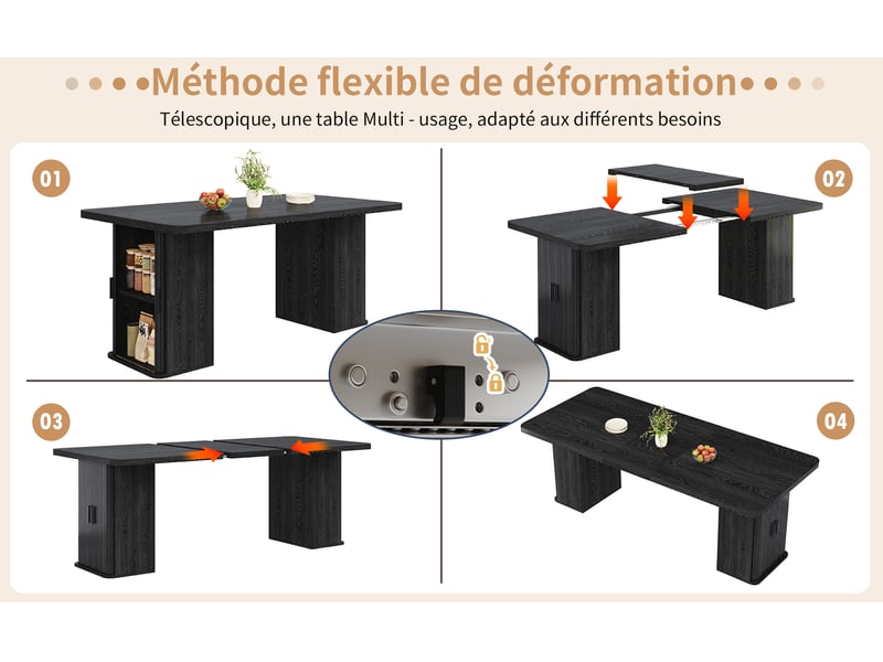 Table à manger extensible 140x80 cm jusqu' à 180x80 cm, rallonge intégrée, rangements latéraux avec etagéres, piètement métallique, mdf+metal, noir Morn Vibe - Conforama E