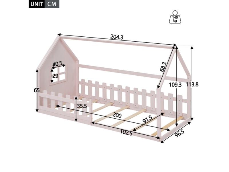  Lit cabane enfant 90x200 cm, pin, rose  - Conforama E