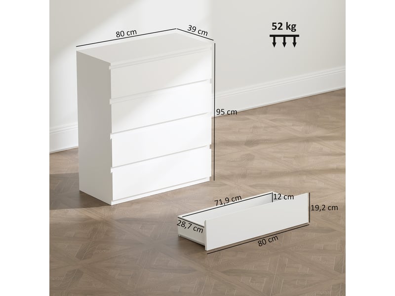  Commode 4 tiroirs, meuble de rangement épuré pour chambre, intérieur, 80 x 39 x 95 cm panneau de particules blanc  - Conforama C