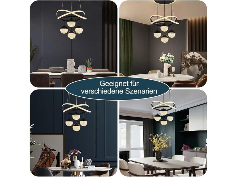 Suspension pour table à manger en cristal noir, 4 lumières, intensité variable | suspension led 54 w, hauteur réglable, intensité variable  - Conforama E