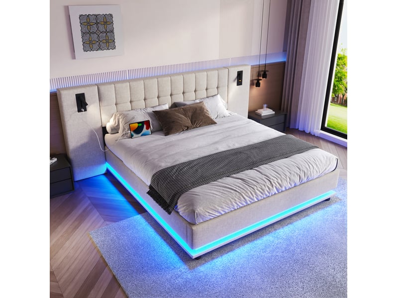  Lit 2 places rembourré 180x200 cm led usb en lin beige  - Conforama B