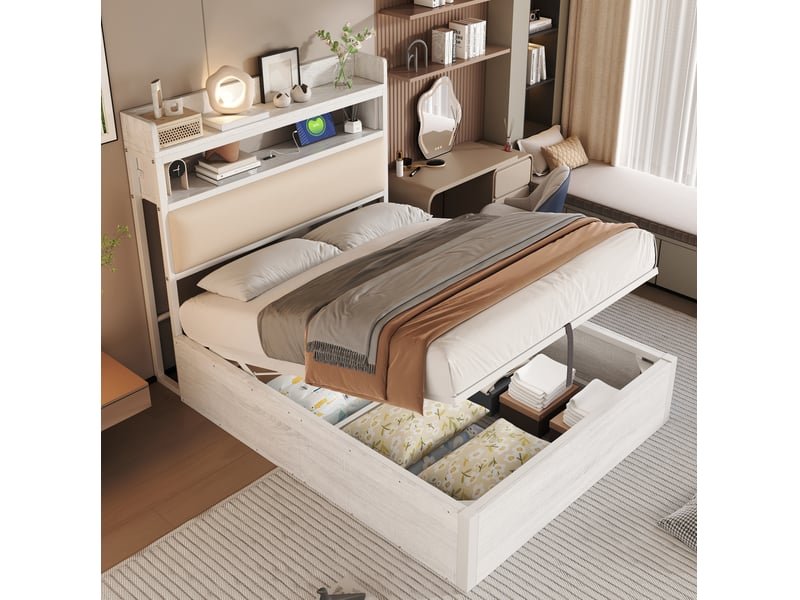  Lit coffre 90x200 cm rangement hydraulique, ports usb en métal bois et tissu blanc  - Conforama D