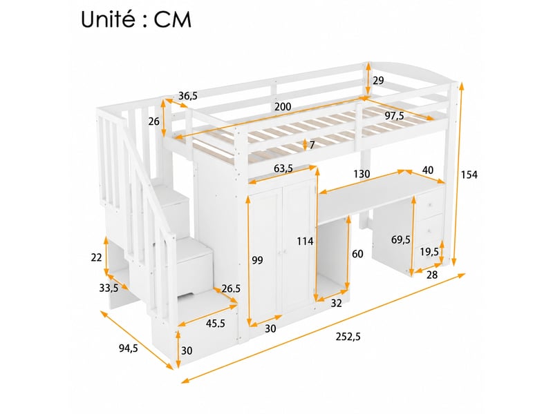  Lit mezzanine 90 x 200 cm blanc avec armoire, bureau, escalier de rangement et 3 tiroirs, sommier à lattes  - Conforama C