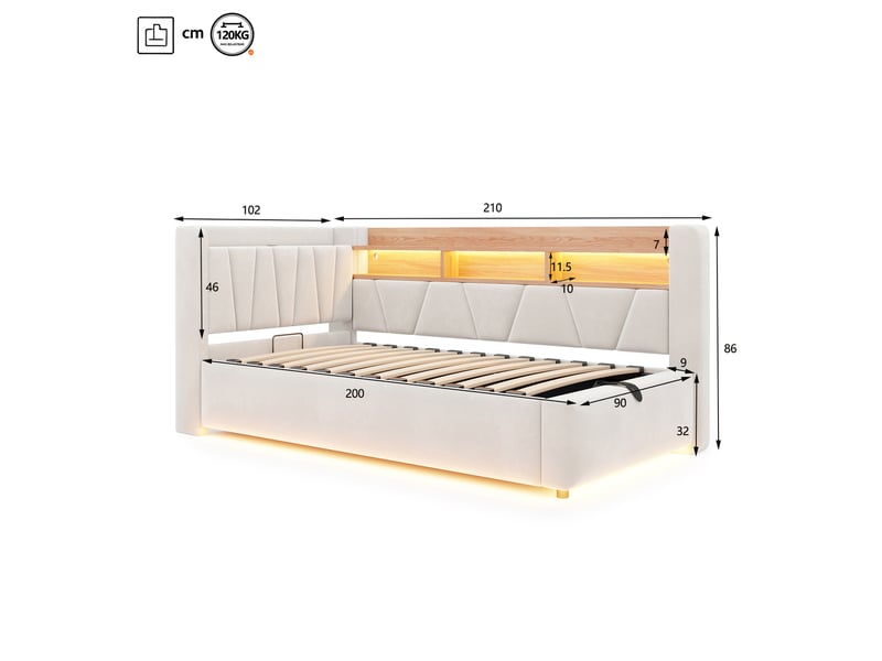  Canapé-lit enfant 90x200 cm en velours beige, lit banquette avec coffre de rangement hydraulique, led, usb, dossier avec rangements et accoudoir  - Conforama D