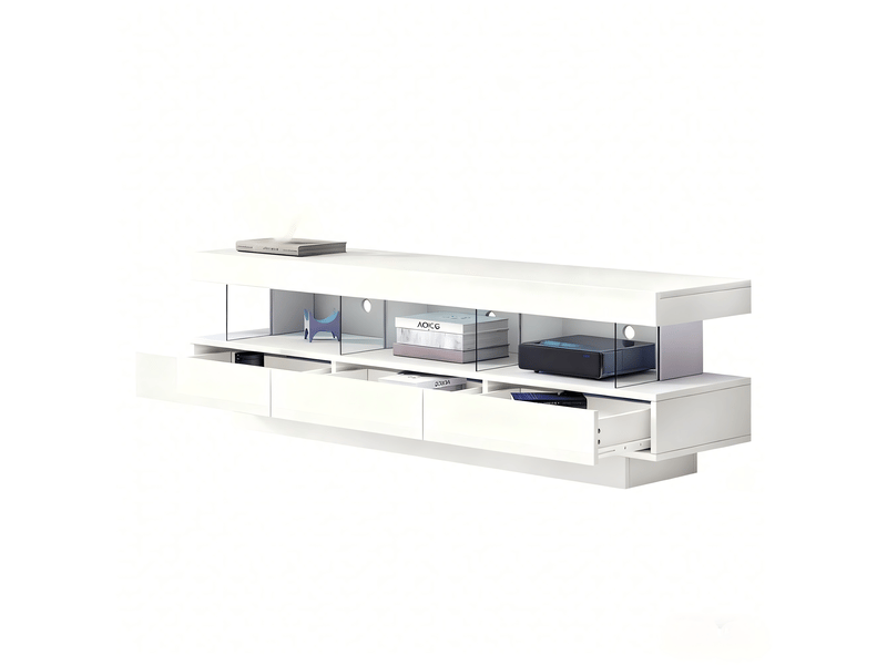  Meuble tv blanc laqué 160 cm avec éclairage led - 3 étagères en verre - pour écran 70 pouces  - Conforama E
