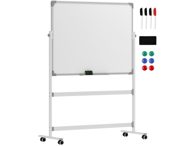  Tableau blanc magnétique double face 120 x 90 cm sur roulettes, pivotant à 360 degrés avec accessoires de bureau  - Conforama A