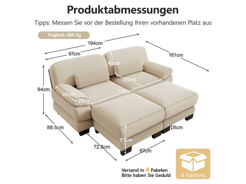  Canapé modulable modenvie 2 places avec 2 poufs en velours côtelé beige  - Conforama C