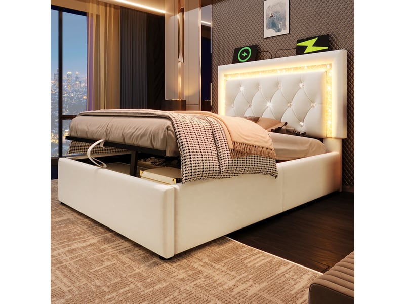 Lit coffre 90x200 avec matelas inclus, velours beige, led et ports usbusb-c - Conforama E