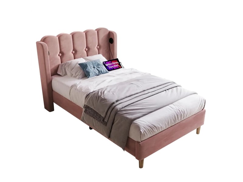  Lit simple 90x200 avec port usb c, lit capitonné rose en velours avec sommier à lattes  - Conforama A
