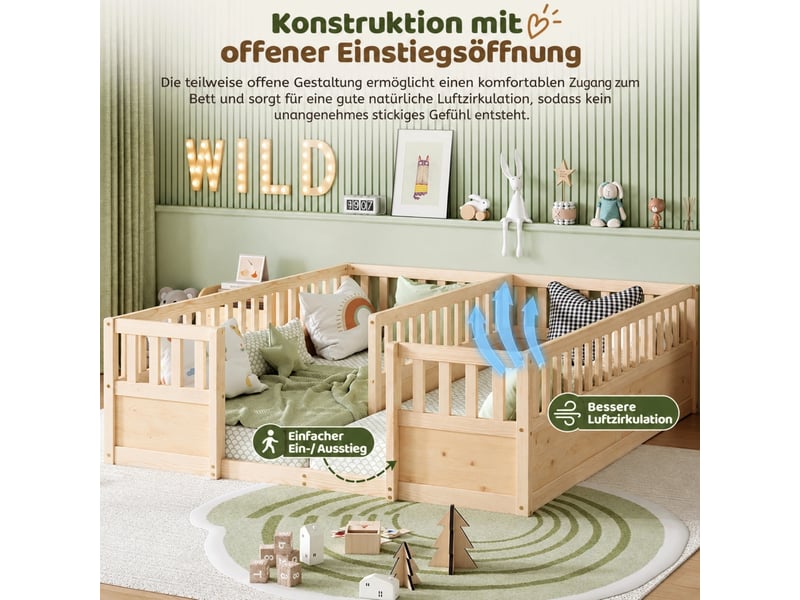 Lit au sol enfant double 90 × 200 cm en bois de pin avec barrières de sécurité semi-fermées - naturel - Conforama D