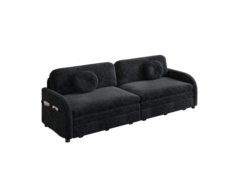  Canapé-lit 2 places 206x84x90 cm 3-en-1, poche latérale, canape droit en métal, bois, mousse et tissu chenille noir  - Conforama A