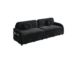 Canapé-lit 2 places 206x84x90 cm 3-en-1, poche latérale, canape droit en métal, bois, mousse et tissu chenille noir