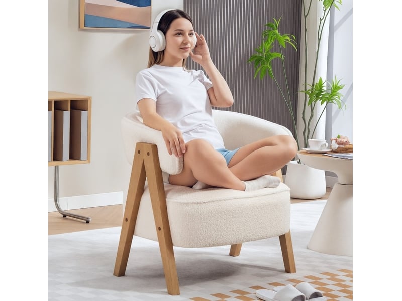 Fauteuil d’appoint moderne en tissu bouclette blanc avec pieds en bois - Conforama E