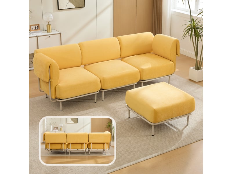 Canapé d'angle modulable 3 places en tissu chenille mangue, avec pouf, 251×155×78 cm, design nordique - Conforama B