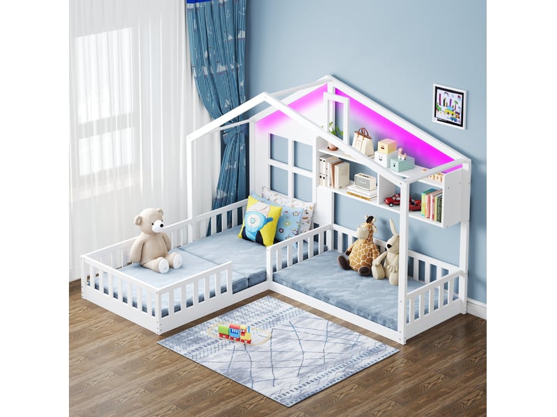  Lit enfant cabane 90 x 200 cm avec couchage 140 x 70 cm, rangements et led, blanc  - Conforama E