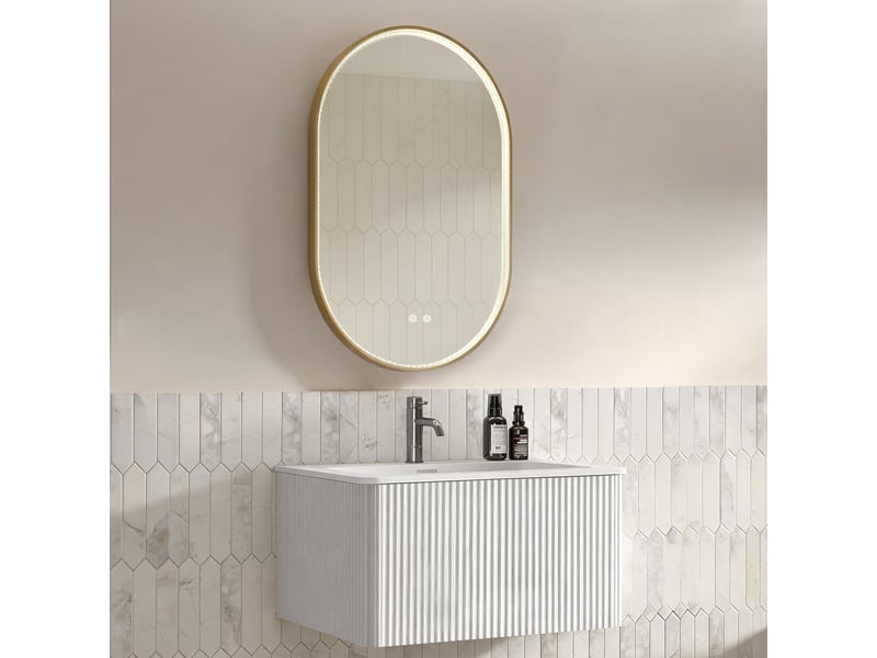  Meuble salle de bain suspendu 80 cm avec vasque intégrée, miroir ovale led antibuée, tiroir  - Conforama E
