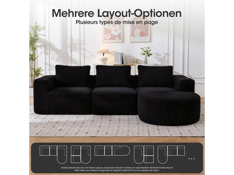  Canapé double 2 places 265 cm en velours côtelé noir avec 3 coussins et porte-gobelets BES-SD-B063BK - Conforama D