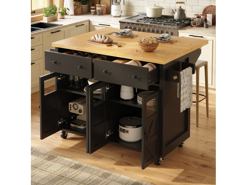 Desserte de cuisine mobile noire 140x73x93.5 cm avec plateau extensible - Conforama E