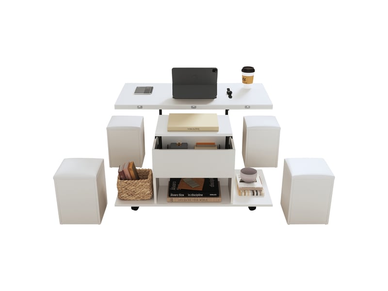  Table basse plateau relevable 3 en 1 avec 4 tabourets, convertible en table à manger, 100x50x48cm, panneau de particules, blanc  - Conforama R