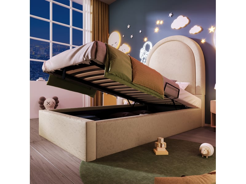  Modenvie lit coffre enfant 90x200 cm - rangement intégré, tête de lit en pu, sans matelas - beige  - Conforama D