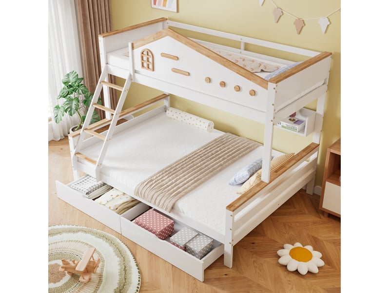  Lit superposé enfant 90x200 et 140x200 cm avec tiroirs, blanc et naturel  - Conforama B