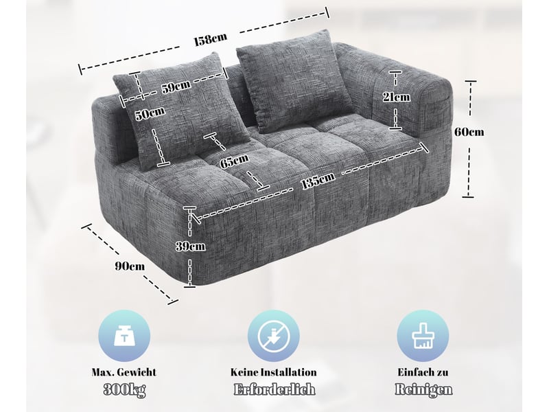  Canapé 2 places tissu en chenille douce avec coussins,canapé avec poches latérales,canapé modulable,design moderne gris 158x90x60cm - Conforama A