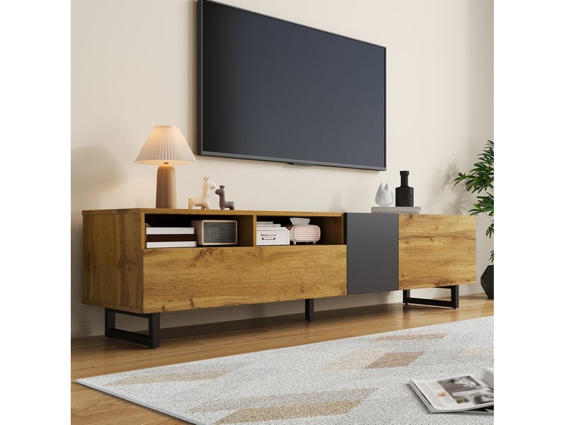  Meuble tv 170 cm à 3 portes et 2 niches, panneaux mélaminés, décor bois gris foncé  - Conforama D