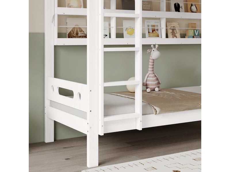  Lit simple 90x200 cm, lit superposé avec barrières de sécurité et échelle à cinq marches, lit enfant avec cadre en pin, blanc  - Conforama E