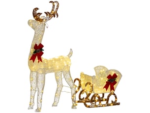 Renne de noël illuminé avec traîneau, 118 cm, blanc et rouge
