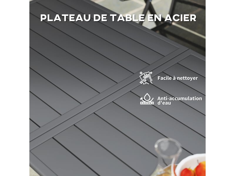  Table de jardin 6 personnes avec plateau à lattes en acier gris 150 x 80 x 74 cm  - Conforama E