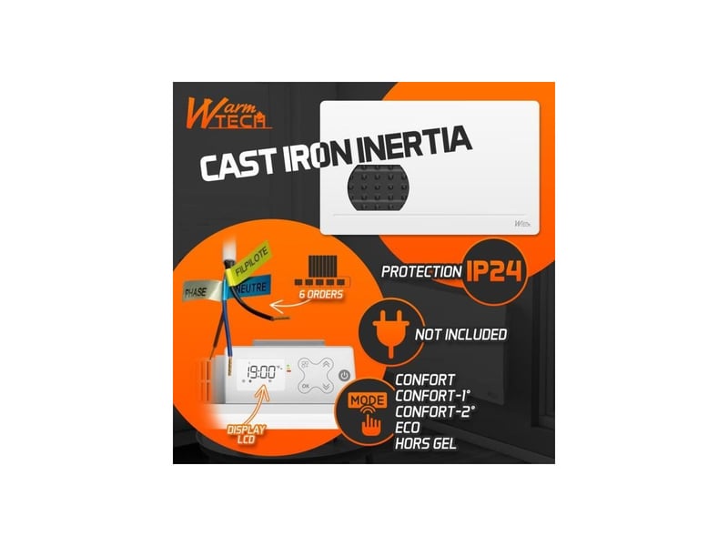  Radiateur inertie fonte 1500w blanc ip24 thermostat lcd fil pilote 6 ordres AABLL16454 - Conforama C