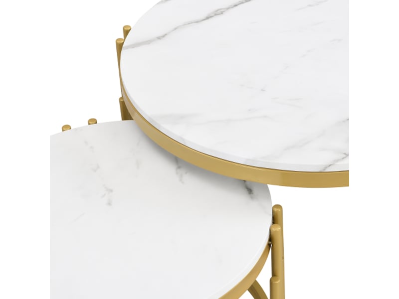 Tables basses modulables, tables rondes, aspect marbre, structure en métal doré, disponibles en deux tailles - Conforama E
