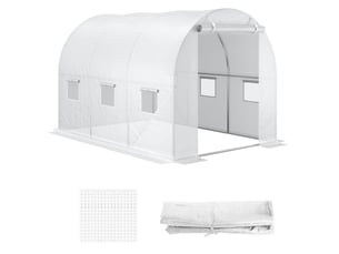 Bâche de rechange serre tunnel 6 m², bâche pe anti-uv imperméable 6 fenêtres + porte enroulable zippée blanc