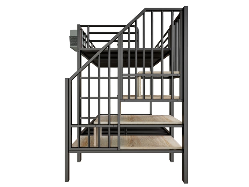  Lit superposé 90x200 + 180x200 cm avec lit gigogne, lit enfant avec espace de rangement, lit 2 personnes en noir, structure en fer  - Conforama A