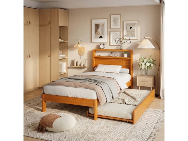  Lit bois 90x200 cm avec tiroir, lit d'appoint 90x190 modulable gauche-droite, tête arrondie, gain de place  - Conforama B