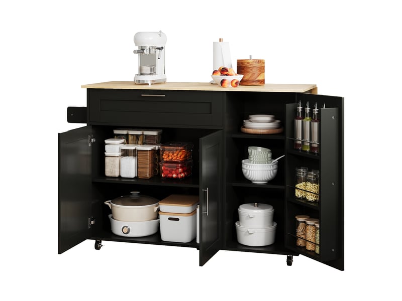 Îlot de cuisine sur roulettes avec plateau rabattable extensible, meuble de rangement design noir et naturel, l132.5xp70xh90cm - Conforama W