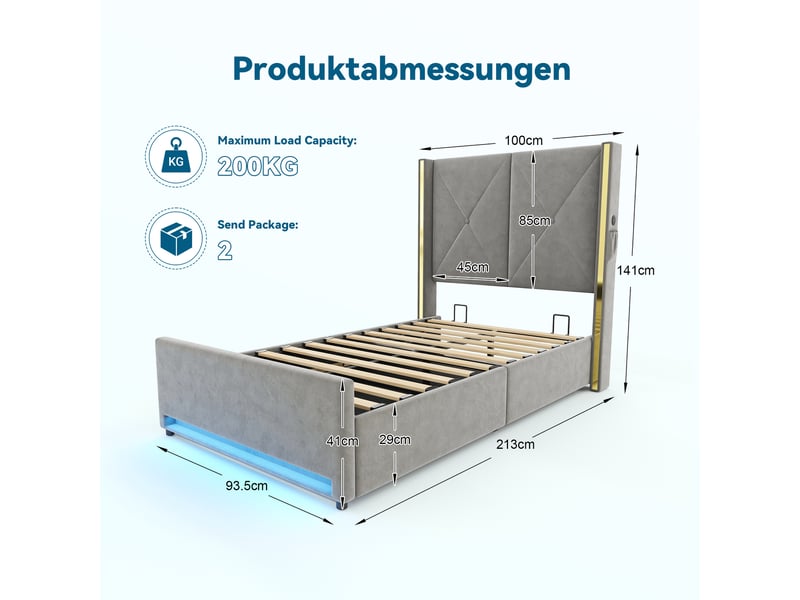  Lit rembourré en velours led usb 90x200 cm avec rangement hydraulique intégré  - Conforama C