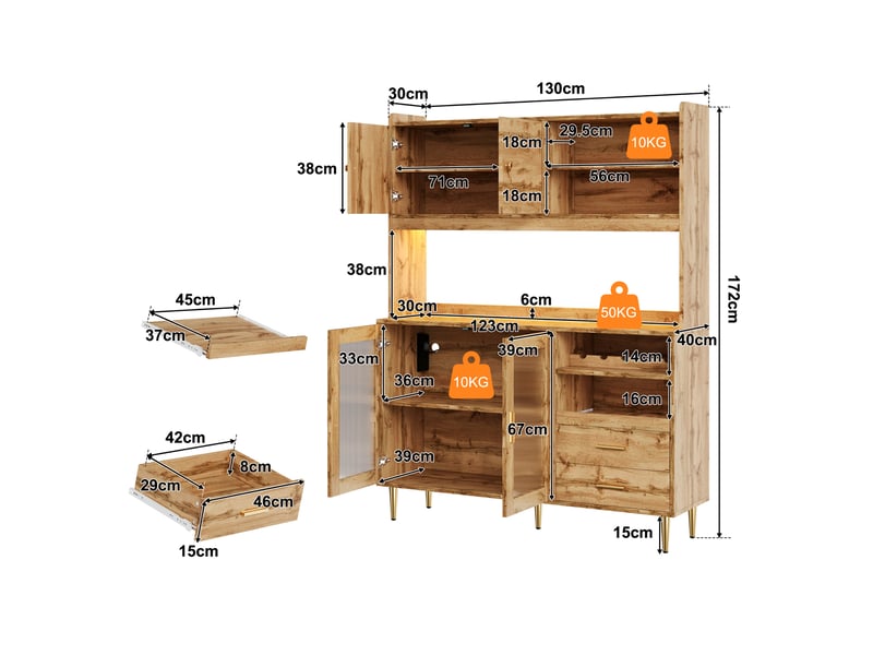  Armoire colonne cuisine 130x40x172 cm bois avec led rgb, prises intégrées, porte-bouteilles, étagères coulissantes, 2 tiroirs et rangement moderne  - Conforama D