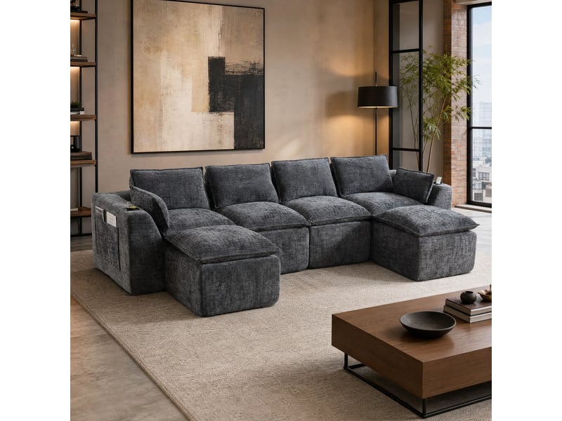  Canapé droit modulaire 4 places en tissu gris foncé avec 2 repose-pieds, porte-gobelets et poches latérales  - Conforama B