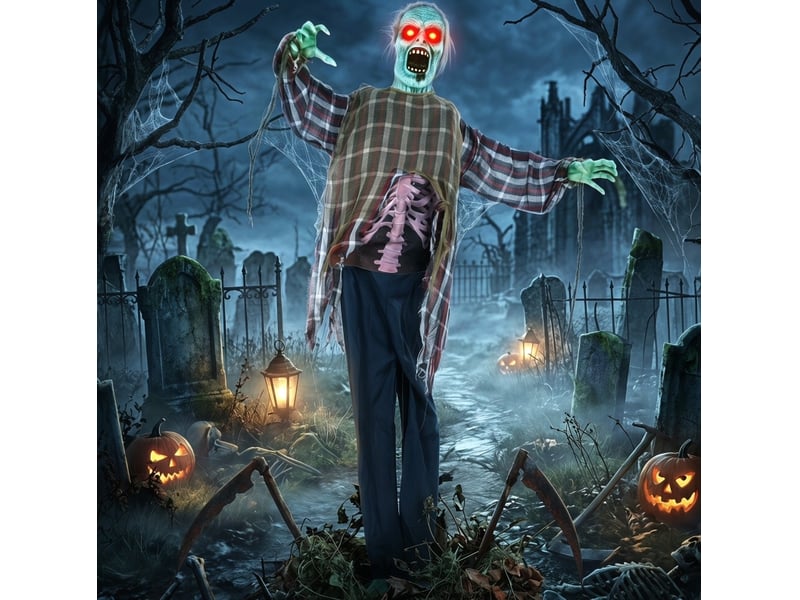 Zombie animé halloween 170 cm rouge, yeux led et activation sonore et tactile, décoration sur pied - Conforama B